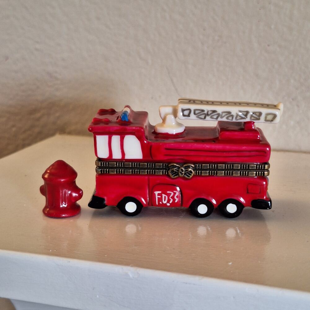 Small firetruck Hinged Box with small fire hydrant Trinket Box